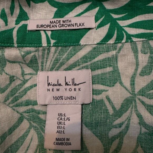 Nicole Miller Linen Top Women's LARGE Button Up Shirt Short Sleeve Floral Green - Picture 4 of 5